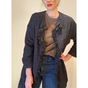 Zara Black & Blue Embroidered Tapestry Jacket Boho Fringe Tassel Belt ~ Sz M